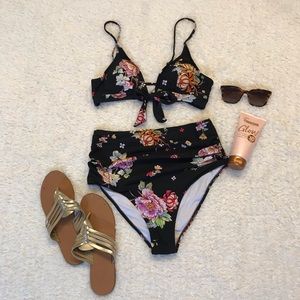 Black Floral Print High Waisted Bikini